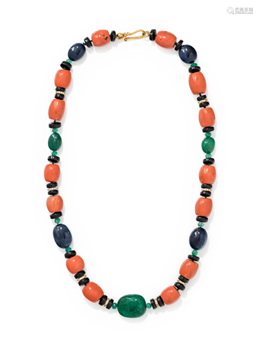 CORAL, EMERALD, ONYX AND DIAMOND BEAD …