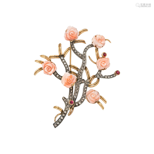 CORAL, RUBY AND DIAMOND ROSEBUSH PENDA…