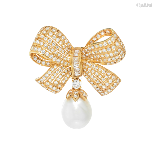 DIAMOND AND CULTURED PEARL BOW BROO…