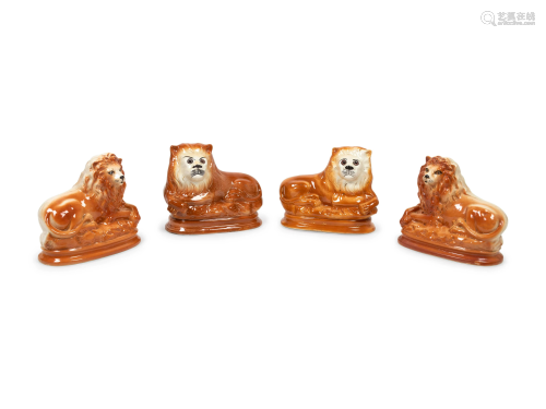 Two Pairs of Staffordshire Style Lions Height…