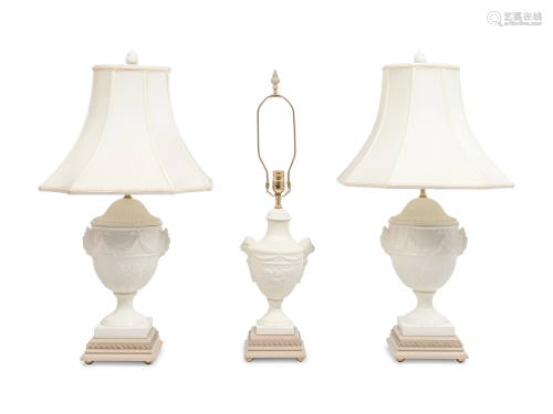 Three Regency Style White Glazed Stoneware Urns…