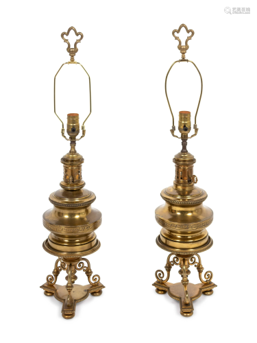 A Pair of Neoclassical Engraved Brass Table Lamps