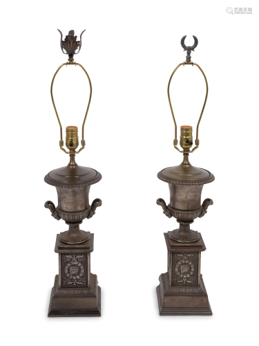 A Pair of Cast Iron Urns Mounted as Lamps Height 15 …