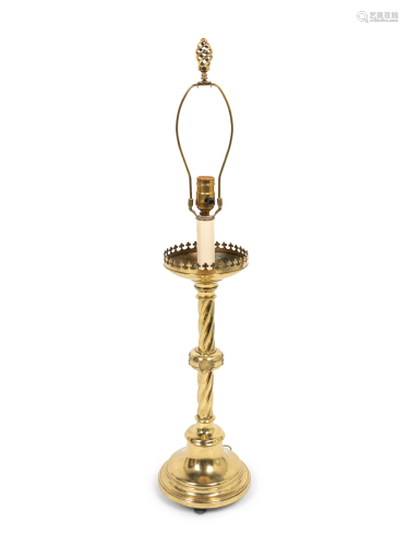 A Continental Brass Altar Candlestick Mounted as a Lamp