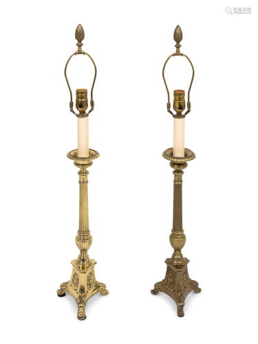 A Pair of Brass Altar Prickets Mounted as Lamps He…