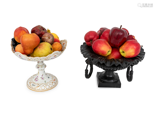 Two Bowls with Faux Fruit Height of porcelain bowl…