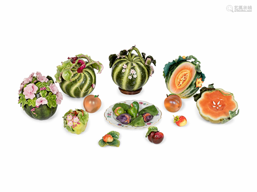 A Collection of Twelve Ceramic and Glass Fruits and