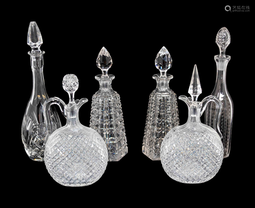 Six Cut Glass Decanters Height of tallest 12 inches.