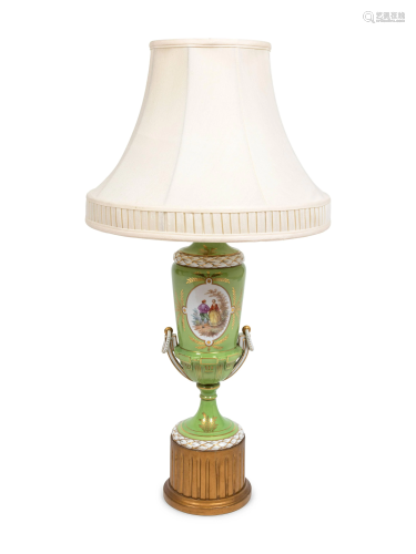 A French Porcelain Urn Mounted as a Lamp Height 18 x
