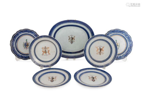 Seven Chinese Export Armorial Porcelain Plates Diam…