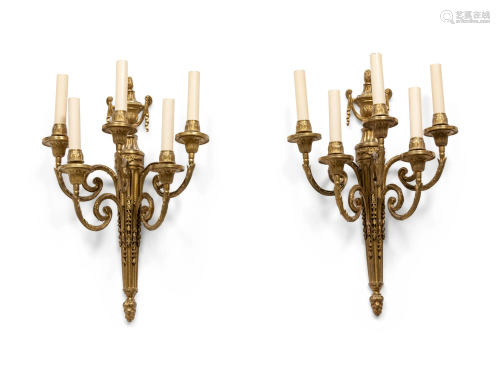 A Pair of Louis XVI Style Gilt-Metal Five-Light Sconces