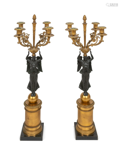 A Pair of Empire Style Parcel-Gilt and Patinated Bronze