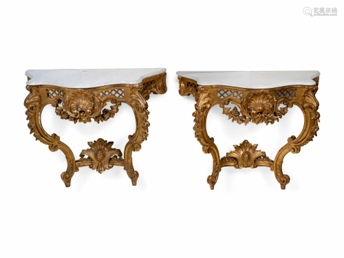 A Pair of Louis XV Style Giltwood Consoles Height 36
