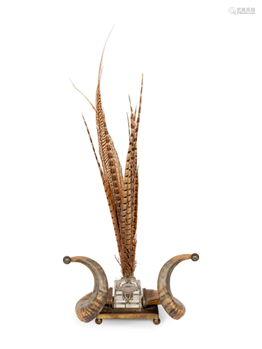 A Victorian Horn Ink Stand with Pheasant Feathers