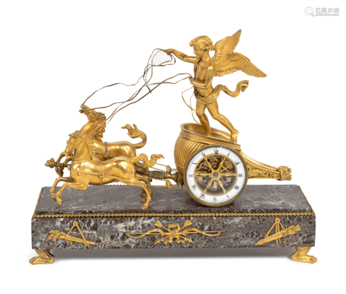 A Directoire Gilt-Bronze Marble Mounted Chariot Clock