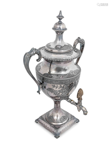 A Victorian Silver-Plate Tea Urn Height 18 inches.