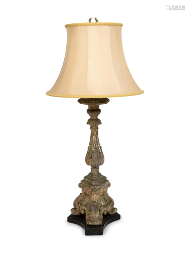 A Painted Plaster Pricket Mounted as a Lamp Height 24