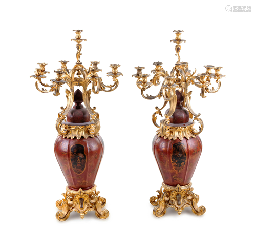 A Pair of Louis XV Style Gilt Bronze Mounted Tole