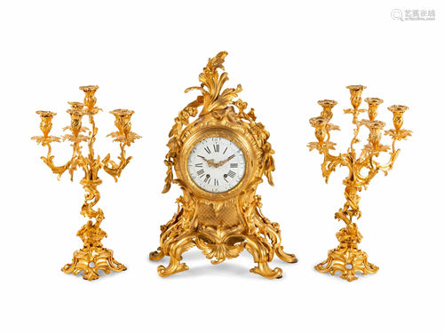 A Louis XV Style Gilt Bronze Clock Garniture