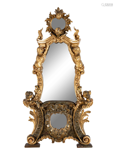 An Italian Rococo Figural Carved Giltwood Mirror