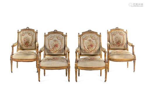 A Louis XVI Style Carved Giltwood Five-Piece Parlor