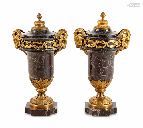 A Pair of Louis XVI Style Gilt Bronze Mounted Marble