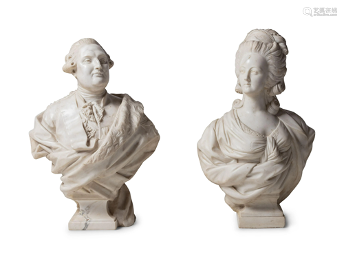 A Pair of French Carved Marble Busts of Louis XVI and