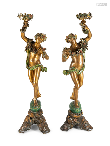 A Pair of Continental Gilt and Polychromed Figural