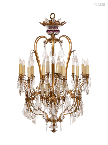 A Continental Gilt Metal and Glass Thirty-Six-Light