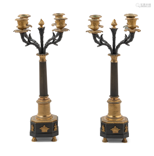 A Pair of Empire Gilt and Patinated Bronze Four-Light