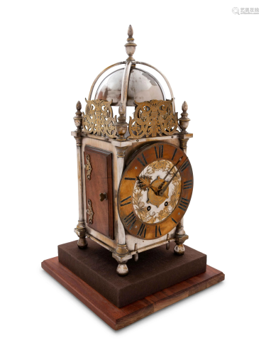 A French Wood and Silver-Plated Brass Lantern Clock