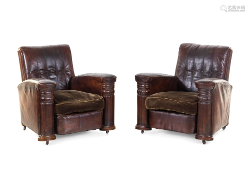 A Pair of French Leather and Mohair Upholstered Club