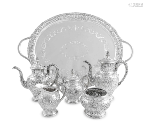 An American Silver Repousse Six-Piece Tea and C…
