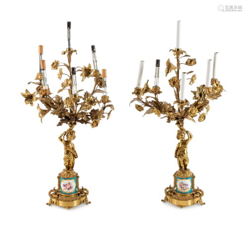 A Pair of Sevres Style Porcelain Mounted Gilt Bronze