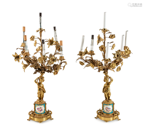 A Pair of Sevres Style Porcelain Mounted Gilt Bronze