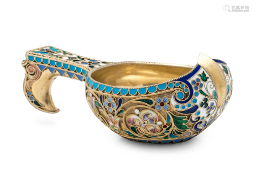 A Russian Silver-Gilt and Enamel Kovsh