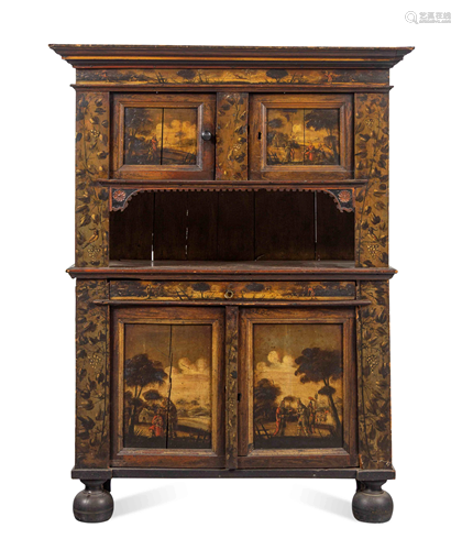 A Dutch Painted Pine and Oak Cupboard