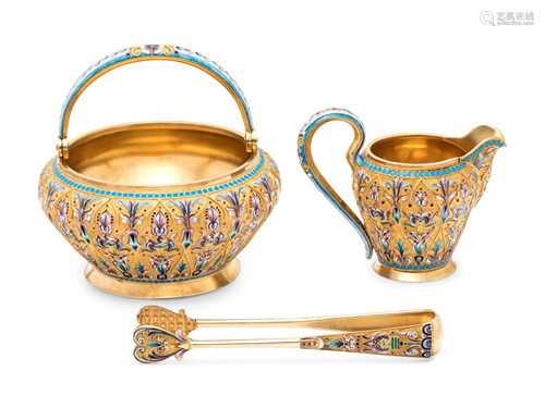 A Russian Silver-Gilt and Shaded Enamel Creamer and