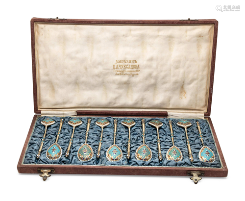 A Set of Twelve Russian Silver-Gilt and Enamel