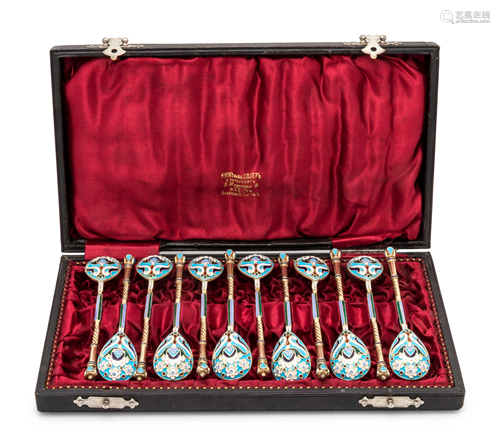 A Set of Twelve Russian Silver-Gilt and Enamel