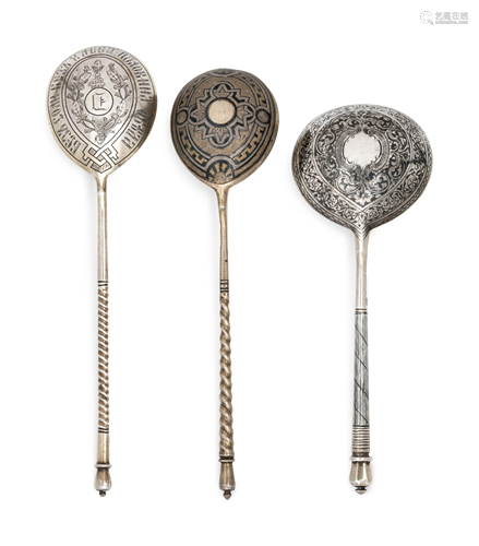 Three Russian Niello Silver Spoons