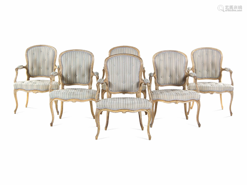 A Set of Six Louis XV Carved and Painted Fauteuils