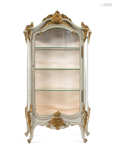 A Louis XV Style Painted and Parcel Gilt Carved Vitrine