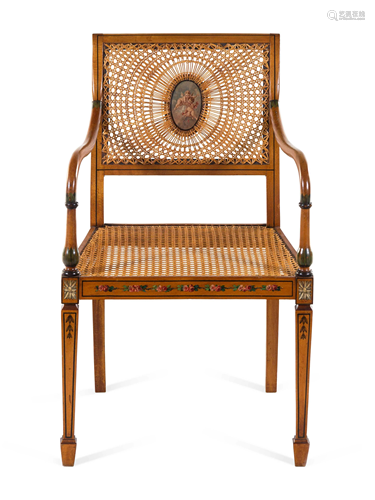 An Edwardian Painted Beechwood Cane Upholstered