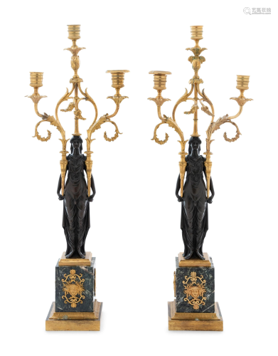 A Pair of Empire Gilt and Patinated Bronze and Ma…