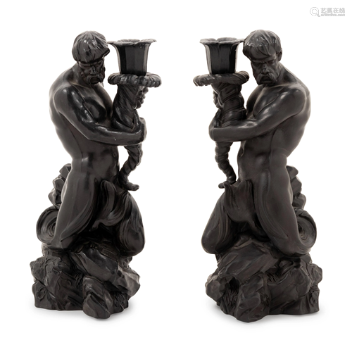 A Pair of Wedgwood Black Basalt Triton Candlesticks