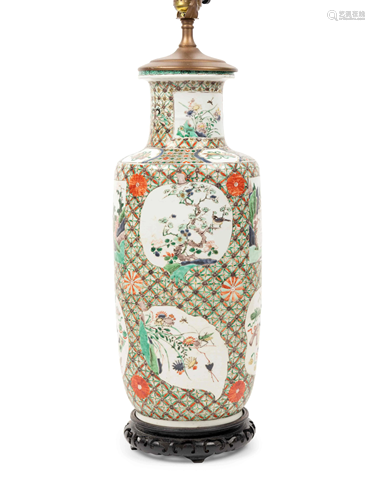 A Chinese Famille Verte Porcelain Rouleau Vase