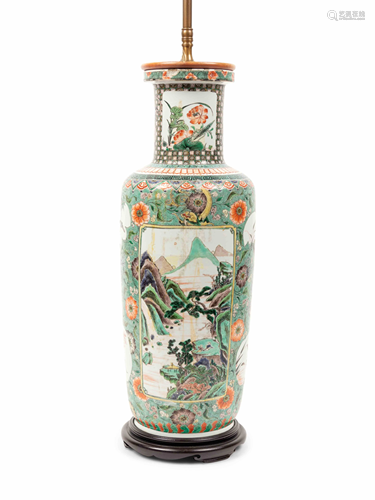 A Chinese Famille Verte Porcelain Rouleau Vase