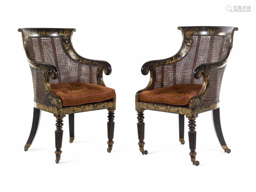 A Pair of William IV Parcel Gilt Japanned and Cane