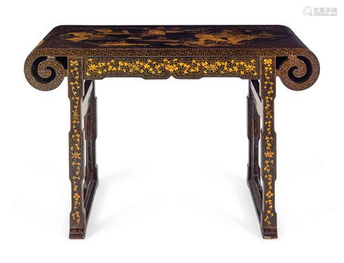 A Chinese Export Black and Gilt Lacquered Scroll Table